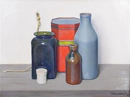 Compositie met flessen en blik