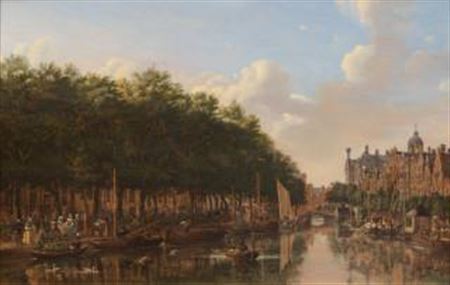 A view on the Nieuwezijds Voorburgwal in Amsterdam with moored boats and numerous figures by Jan de Beijer - Auction record, sale price, and art valuation. Compare with similar artists and explore comparable artworks.