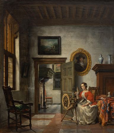 A seventeenth century interior with a woman at the spinning wheel