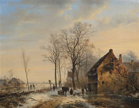 Snowy Landscape with Figures Chatting near a House and Skaters on a Frozen Stream