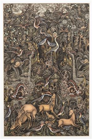 A lavish scene with deer and birds in the forest by Wayan Rajin - Auction record, sale price, and art valuation. Compare with similar artists and explore comparable artworks.