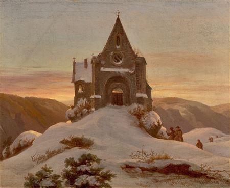 Mountain chapel in Winter.