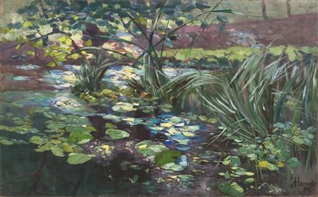 Teich in der Mark mit Seerosen und Schilfhalmen