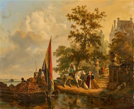 Royal Barque on the Banks of the Scheldt in front of a Castle