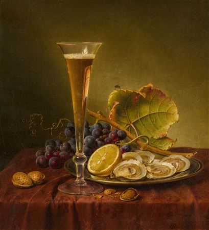 Still Life with Almonds, Oysters, Grapes and a Champagne Flute by Johann Wilhelm Preyer - Auction record, sale price, and art valuation. Compare with similar artists and explore comparable artworks.