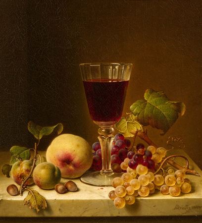 Still Life with Vine Flowers, Grapes, Peach and a Red Wine Glass by Johann Wilhelm Preyer - Auction record, sale price, and art valuation. Compare with similar artists and explore comparable artworks.