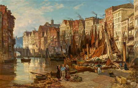 Fleet in Hamburg with View from Hopfenmarkt by Christian Wilberg - Auction record, sale price, and art valuation. Compare with similar artists and explore comparable artworks.