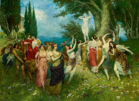Procession of Dancing Bacchantes in front of a Statue of Venus
