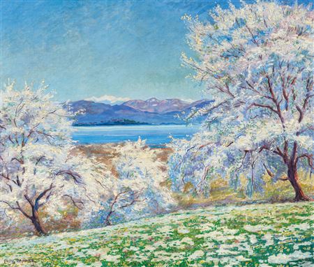 "Firnen und Blütenschnee". Cherry blossom at Lake Chiemsee.