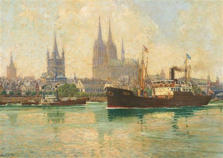 Steamer on the Rhine in front of the Old Town of Cologne
