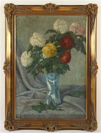 Still life with chrysanthemums and a Delft vase