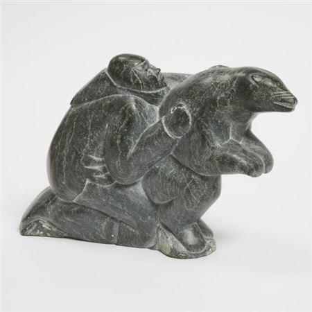 BEAR CAUGHT BY HUNTER by Simon Mukimuk - Auction record, sale price, and art valuation. Compare with similar artists and explore comparable artworks.
