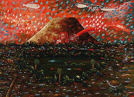 Maungawhau (Mt Eden) landscape with (he wahin urekehu) red haired girl: Ngapuhi invasion of Ngati Whatua