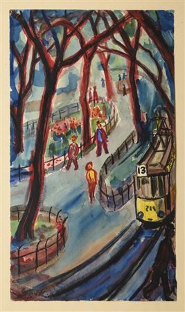 City scene with passers-by and tram