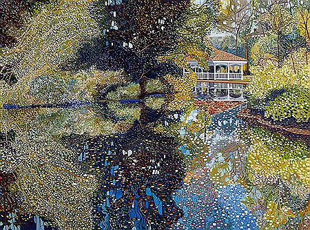 Sample artwork by Victor Richardson (Born 1952), known for atmospheric, pointilist landscape paintings with trees, buildings and water - View similar artists and auction records