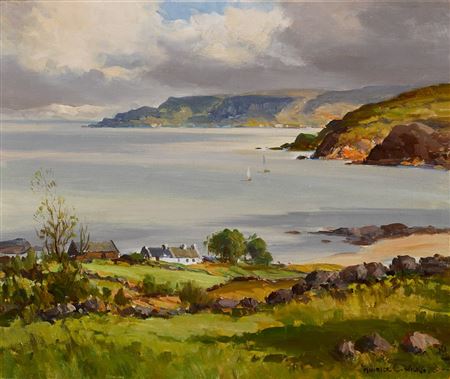 COASTAL SCENE WITH COTTAGES AND SAILBOATS