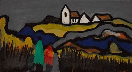 FIGURES WITH CHURCH AND COTTAGES