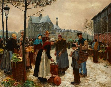 PARISIAN SCENE WITH CHURCH OF ST. EUSTACHE NEAR LES HALLES, 1880