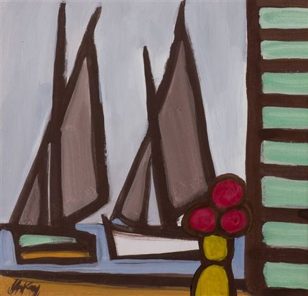 BOATS THROUGH A WINDOW WITH YELLOW VASE