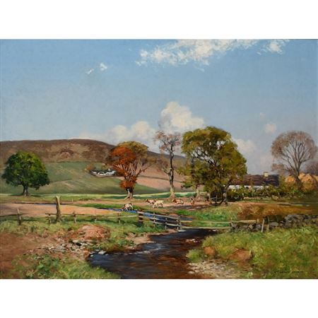 Extensive river landscape with cattle watering near a farmhouse