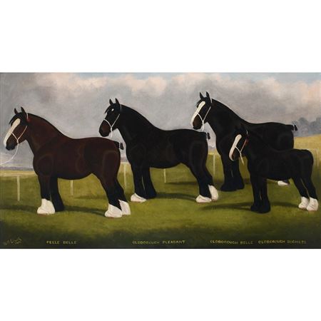 Four shirehorses: Peele Belle, Oldborough Pleasant, Oldborough Belle, and Oldborough Duchess