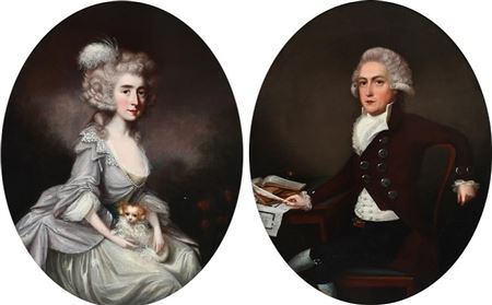 Portrait of a gentleman wearing a brown coat, seated at a writing table; Portrait of a lady seated in a landscape, holding a dog