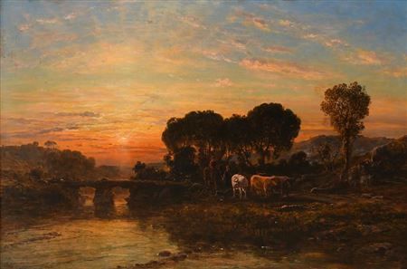 River landscape at sunset with figures and animals on a path
