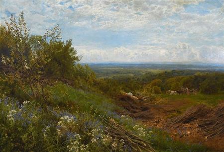 View from Box Hill, with figures chopping and gathering wood