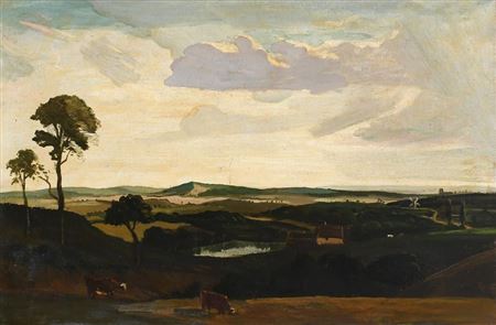 Extensive landscape with cattle, and a cottage, windmill and church in the distance
