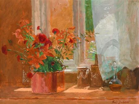 Still life with a bouquet of flowers, a bottle of oil and jugs on a windowsill