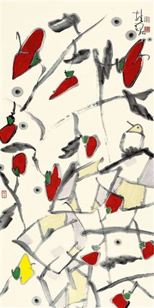 RED LEAVES AROUND A LITTLE BIRD