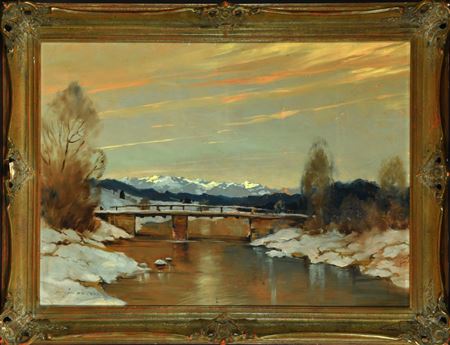 " Winterliche Flusslandschaft mit Brücke in der Dämmerung "