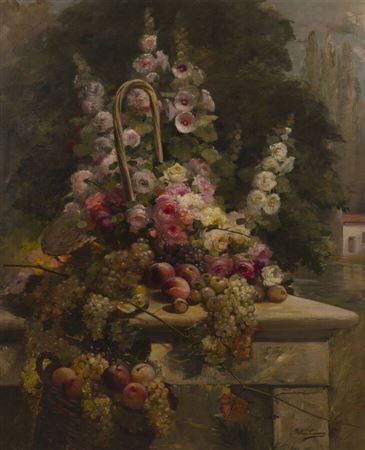 Composition with hollyhocks, pampers and peach
