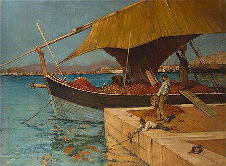 Unloading a boat landed with citrus fruit