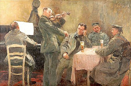 Soldiers drinking and playing music in uniforms from the First World War (Flanders, 1916)