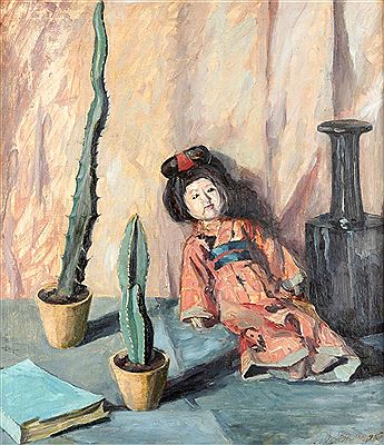 Still life with Japanese porcelain doll, cacti, book and large vase (1926)