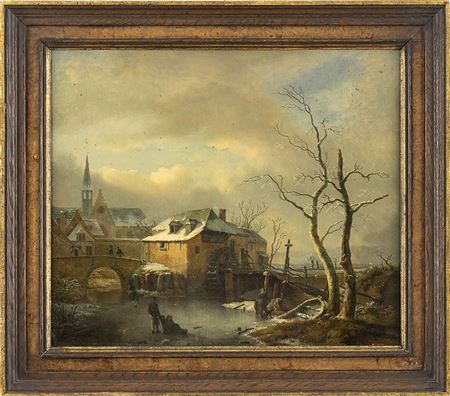 Winter landscape with a village and figures on the frozen lake