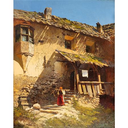 Untitled luminous scene of a woman before a building