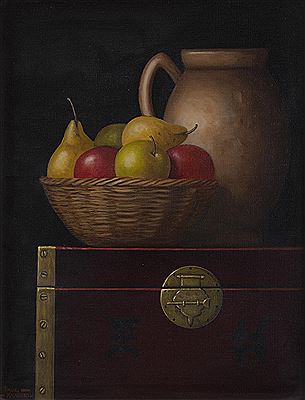 JUG AND FRUIT ON LACQUER CABINET