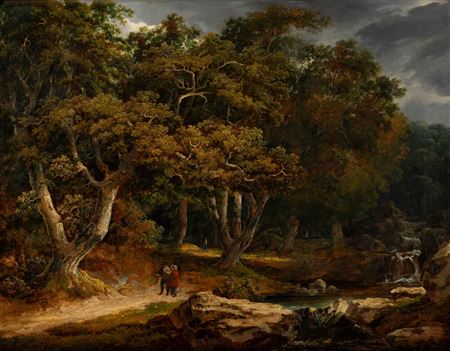 A Clearing in a Forest with Figures on a Path by a Stream