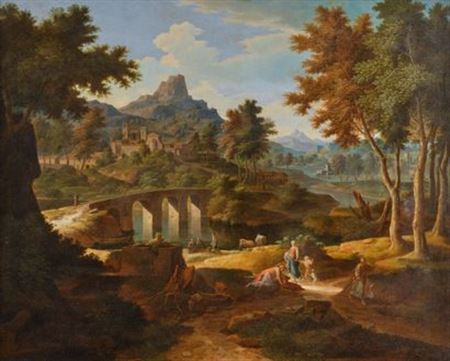 Paysage classique animé de figures près d'une rivière