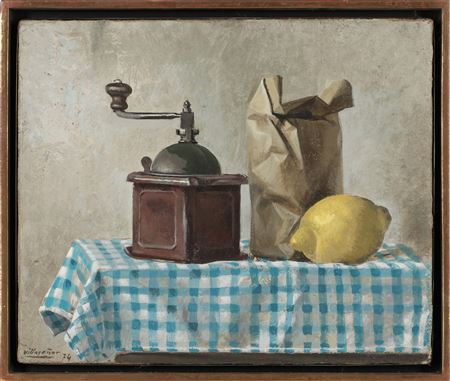 Still life with coffee grinder, bag and lemon