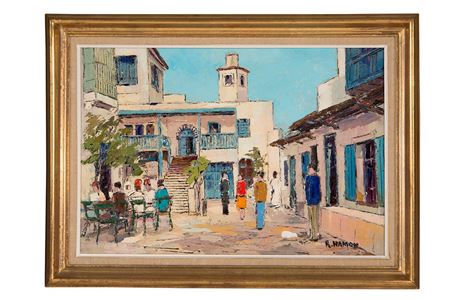 The café in the center of the village, Sidi Bou Saïd - The Medina, small mosque on the right, Tunis