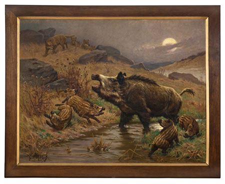 Laie and her pigs about to be attacked by wolves; moonrise by Georges Roetig - Auction record, sale price, and art valuation. Compare with similar artists and explore comparable artworks.