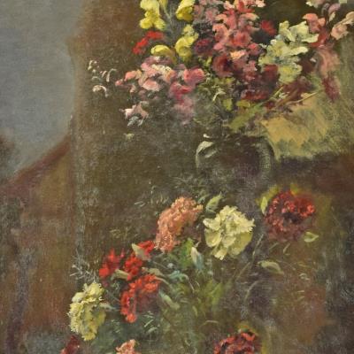 Flower Piece, Two Vases with Carnations and Snapdragons Set Against a Dark Background