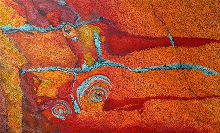 Sample artwork by Helen McCarthy Tyalmuty (Born 1972), known for aboriginal and torres strait islander art, intricate dotting, delicate brushwork techniques, abstract imagery, bold color use, and intuitive inter-plays with space and form. - View similar artists and auction records
