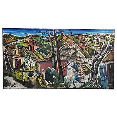 Haitian hillside village populated by human figures
