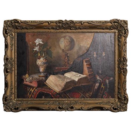 A still life scene with desktop objects such as an open novel, world globe, and porcelain vase