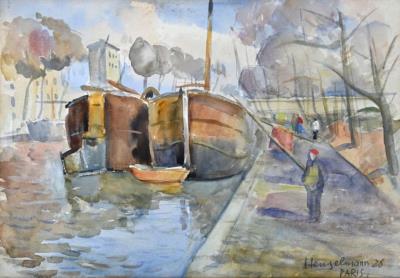 Paris on the riverbank with boats and people