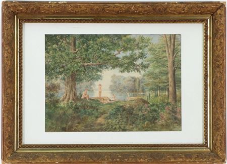 Forested landscape with a few gentleman swimming in the river